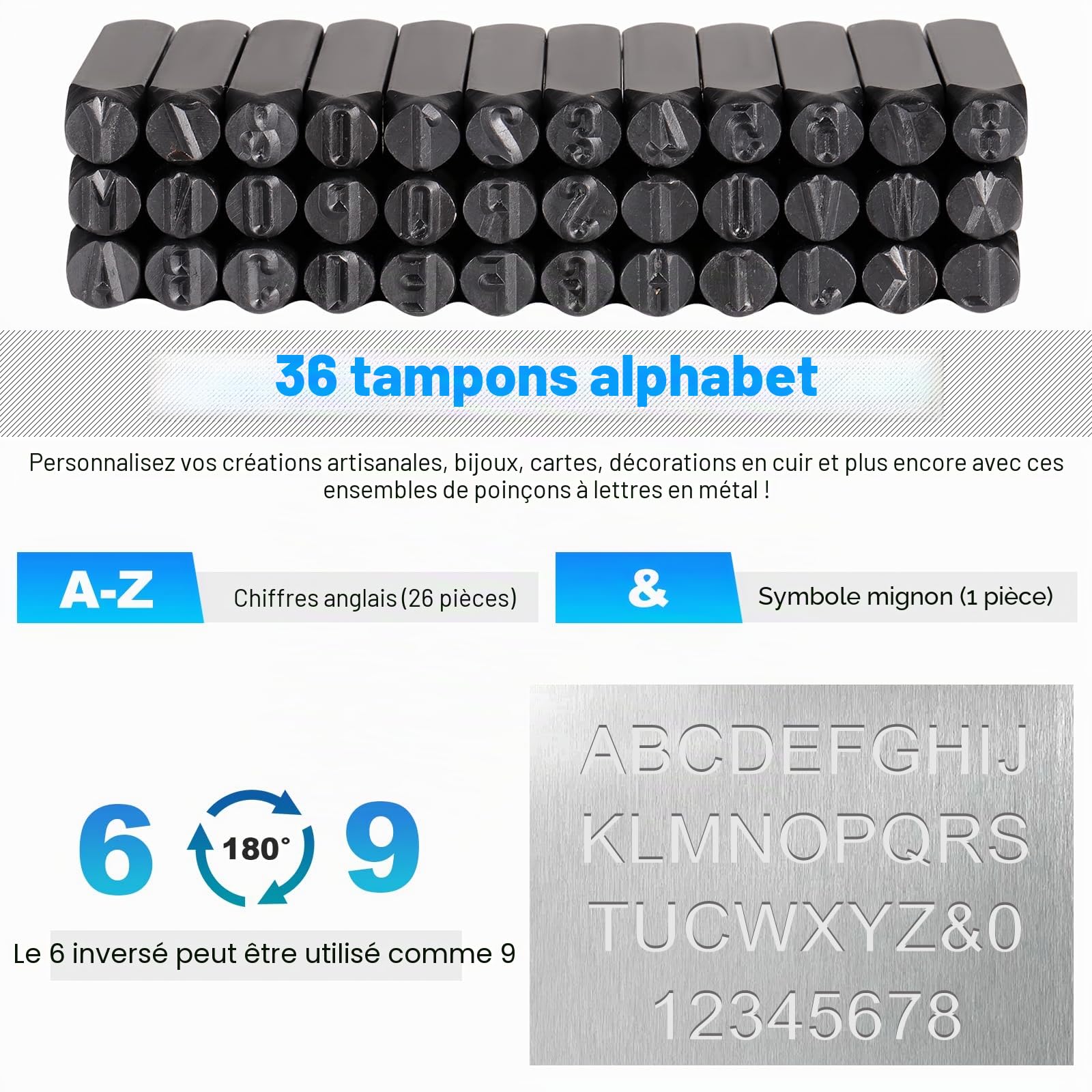 Lot de 36 tampons en acier avec lettres et chiffres de 10 mm - Alphabet de A à Z, chiffres de 0 à 9 et sceau pour impression sur bois, métal, cuir