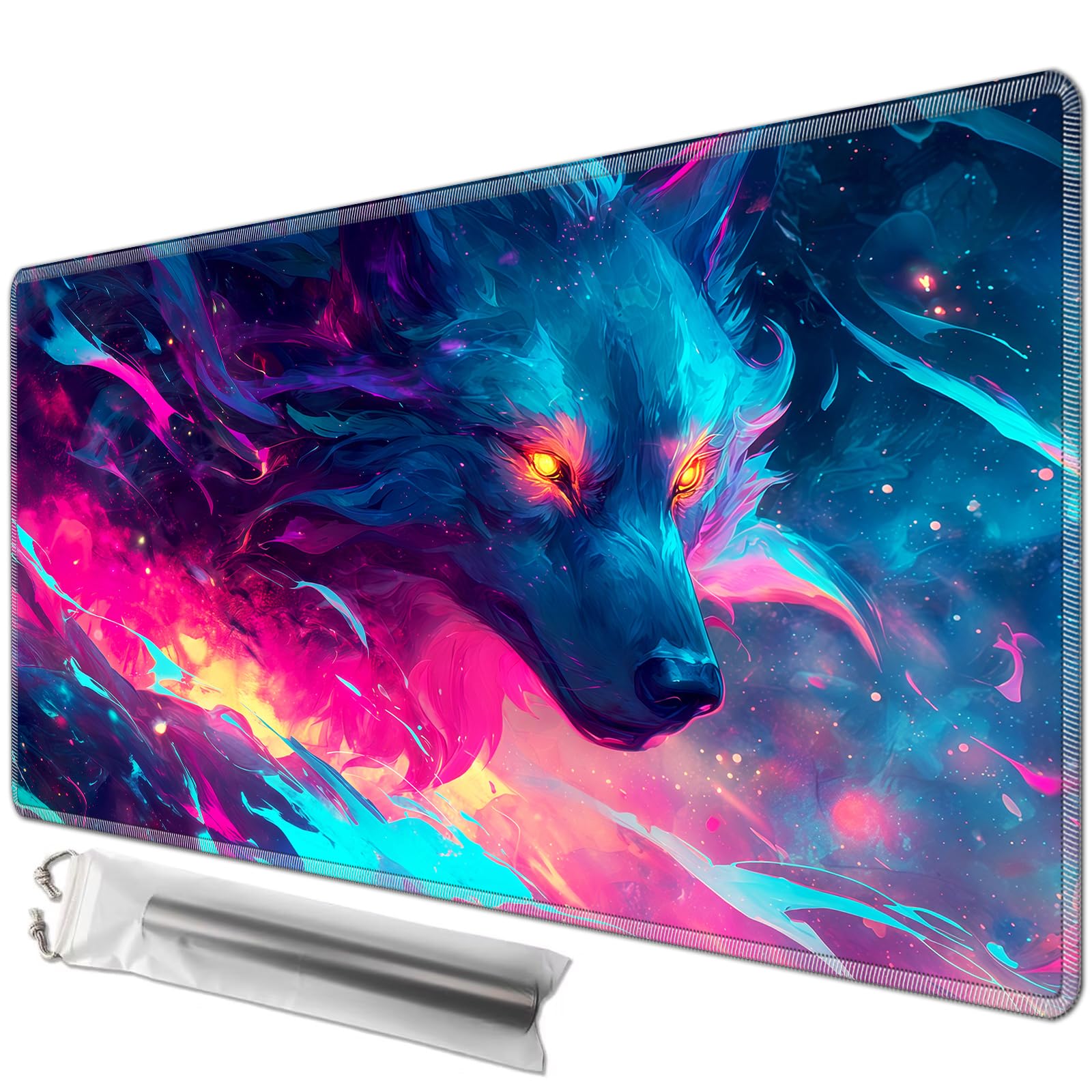 JANENFNA Playmat for MTG,Game Play Mat for MTG TCG 24 x 14 inches, Premium Stitched Non-Slip Rubber Tabletop, Magic Play mat Card Game Mat for Magic The Gathering,Battle Game,Neon Wolf โ image 1