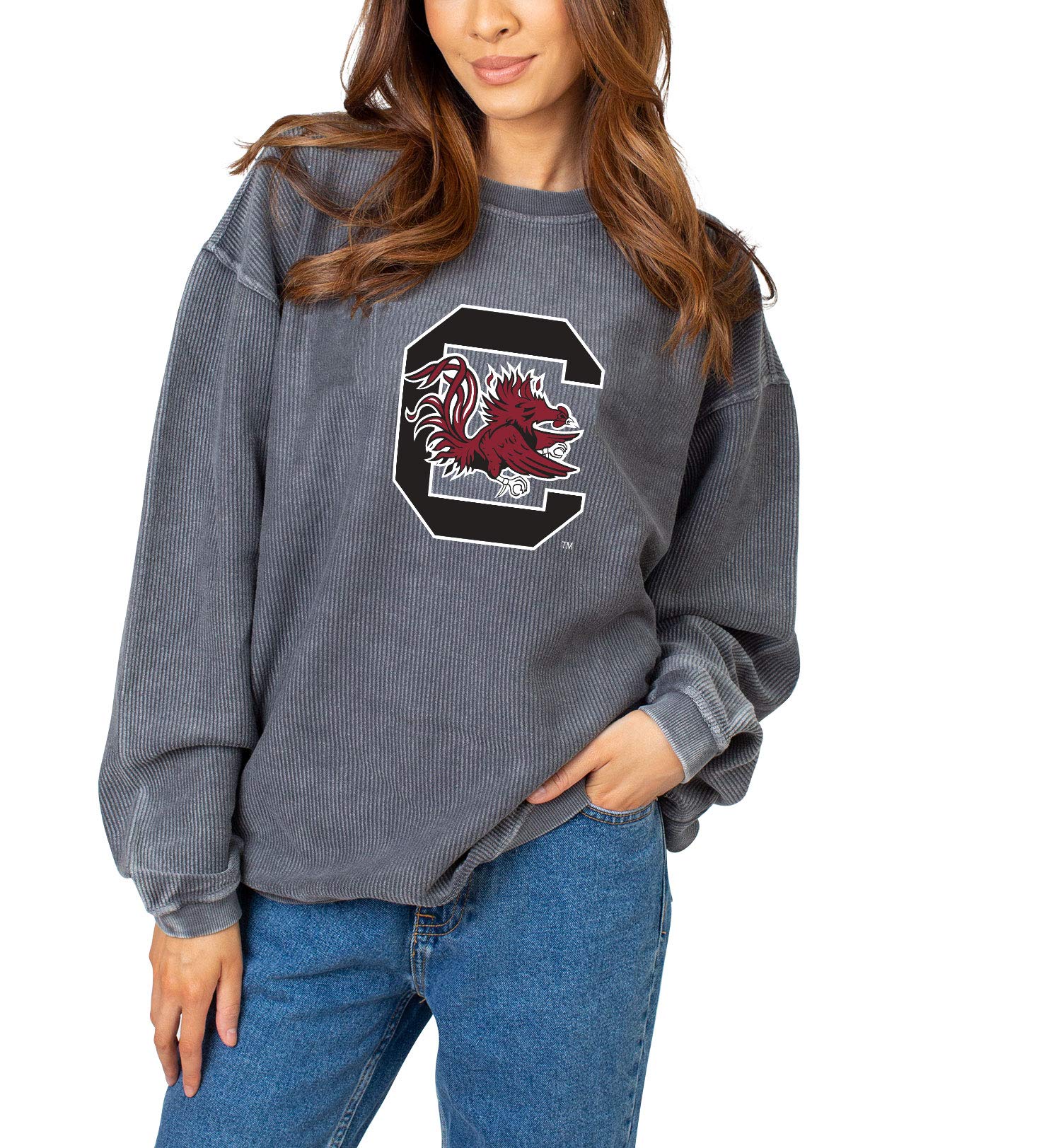 NCAA South Carolina Fighting Gamecocks Womens Corded Crew Pullover, Charcoal, Large