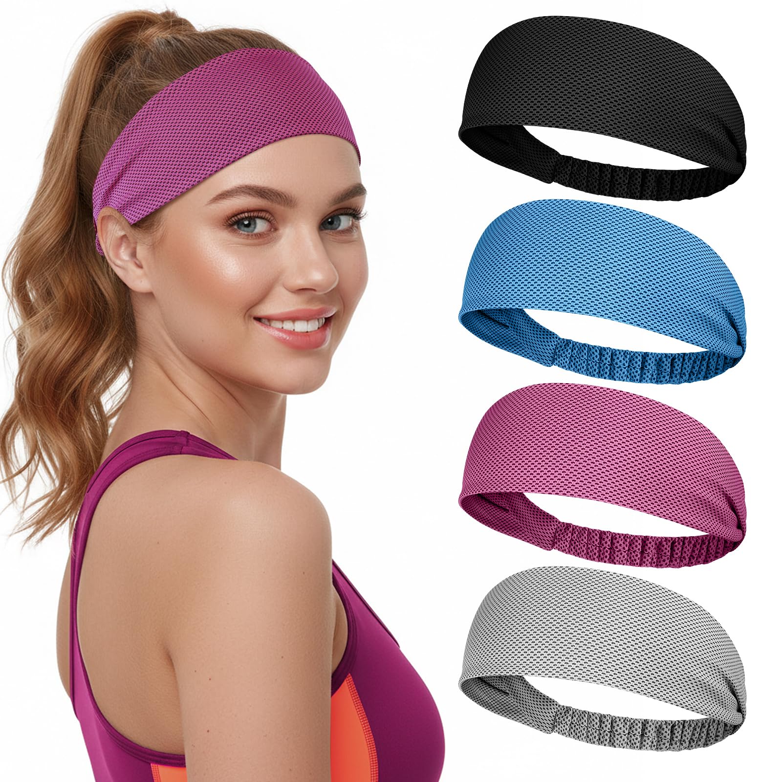 Awumbuk Fascia Capelli Donna Raffreddamento Sport, 4 Pezzi - Elastica Antiscivolo Moda Assorbente per Sudore per Yoga, Fitness, Running