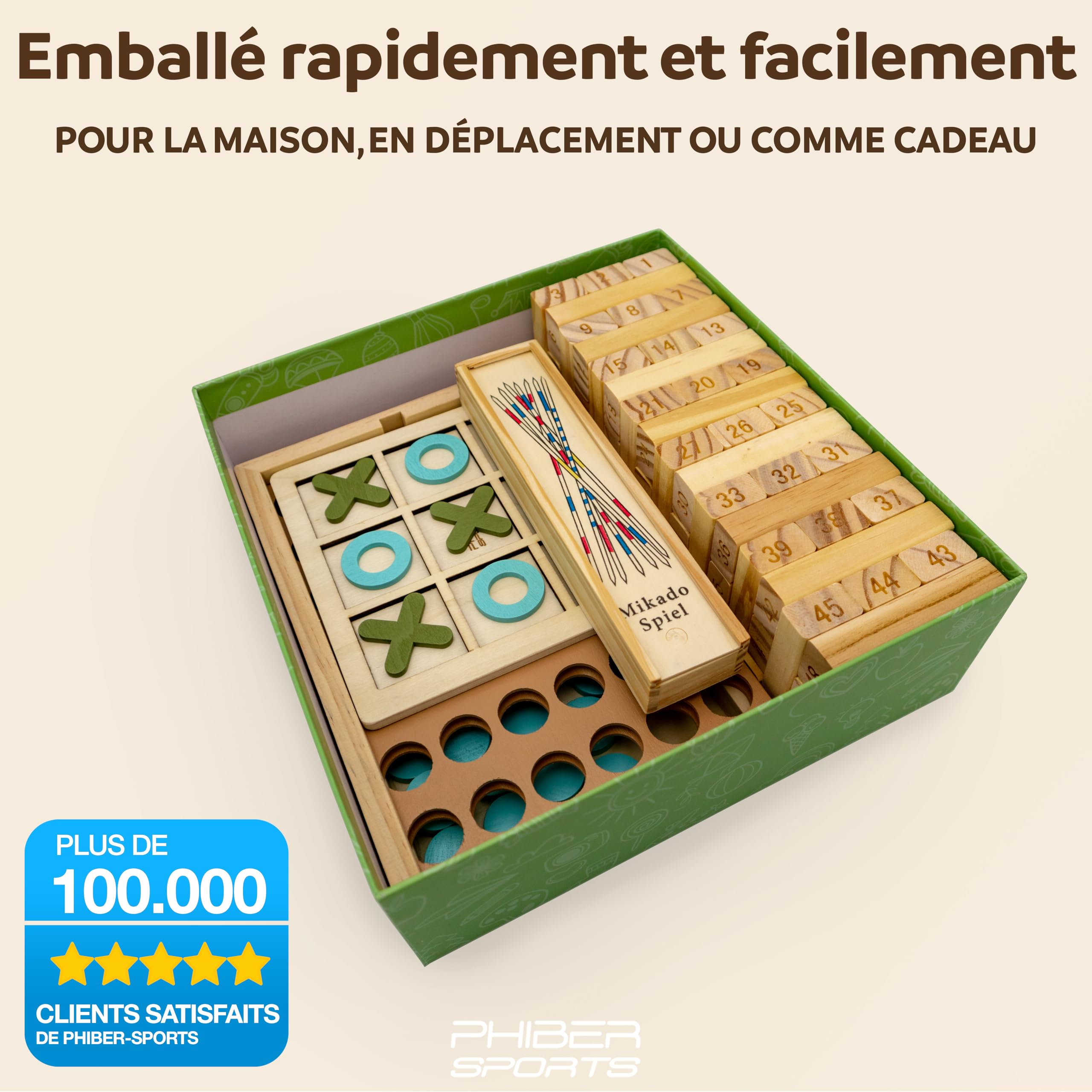 PHIBER-SPORTS Jeux en Bois 4-en-1 : Quatre-en-Ligne, Morpion, Mikado & Tour Instable – Collection Jeux Classiques Bois – Idée Cadeau Enfants & Adultes – Durable, Écologique & sans Plastique