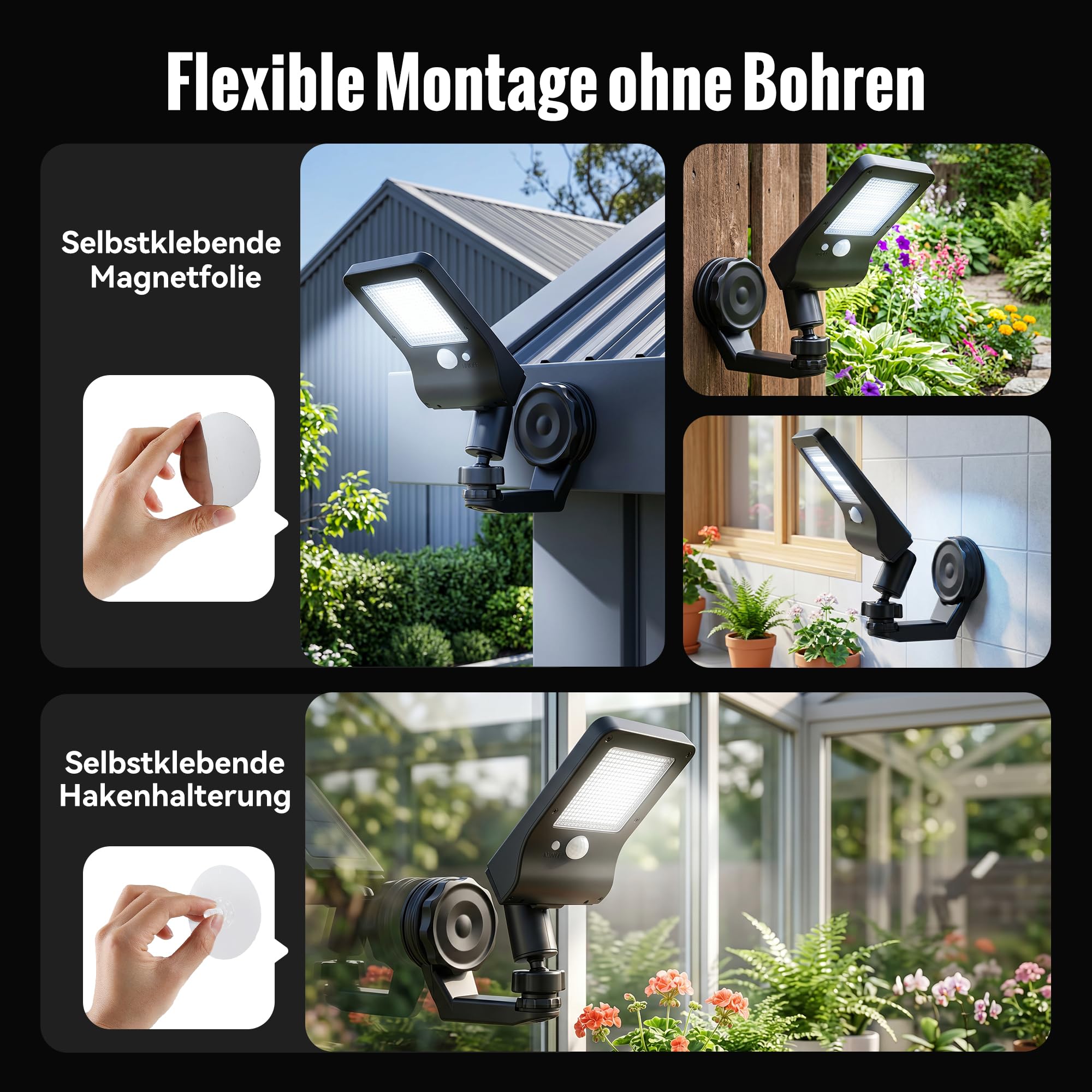 Außenlampe mit Bewegungsmelder Solarleuchte Außen Magnetisch Ohne Bohren | 700LM Wandleuchte 3 Lichtmodi, Magnetisch ohne Bohren 360° Verstellbar IP65 Wasserdicht für Zaun Garage Wohnmobil 4 Stück