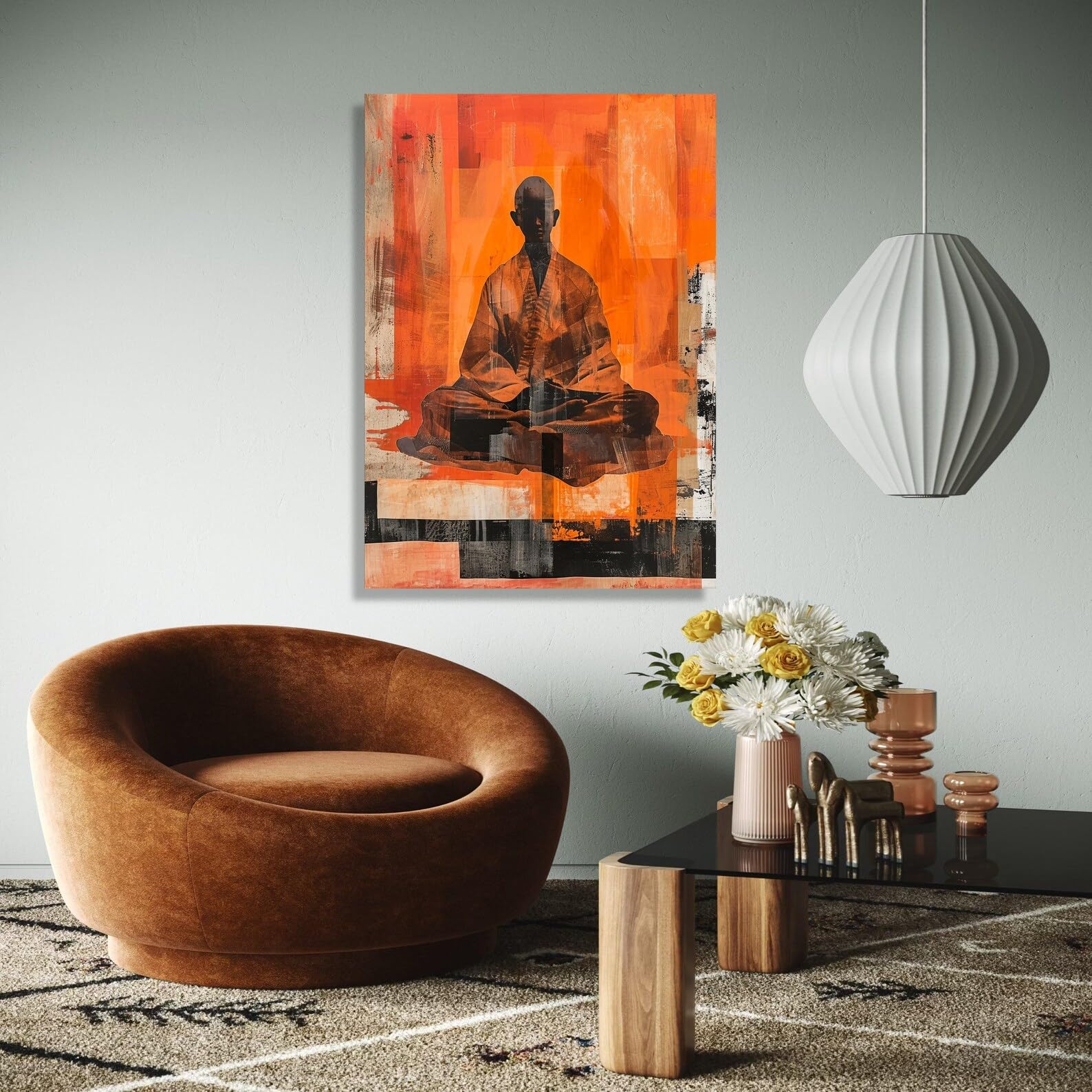 YUSUZHU Stampa su tela astratta raffigurante un monaco in meditazione, decorazione spirituale zen arancione, meditazione con silhouette tranquilla, decorazione per la casa (50x70 cm/cornice interna)