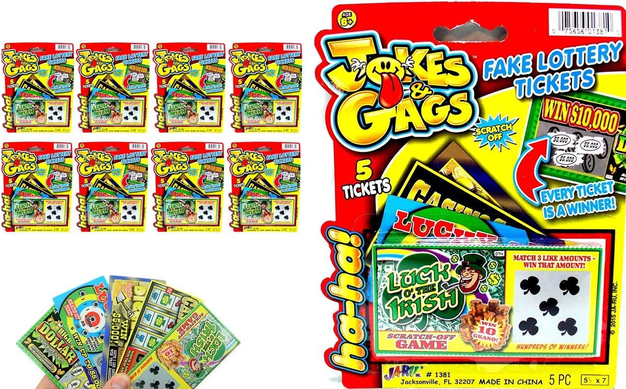 JA-RU Fake Lottery Tickets Pranks for Kids and Adults (8 Pack, 5 Tickets Each) Realistic Scratch Off Cards. Office Pranks & Gag Gift Box. Casino Theme Party Decorations. 1381-8A