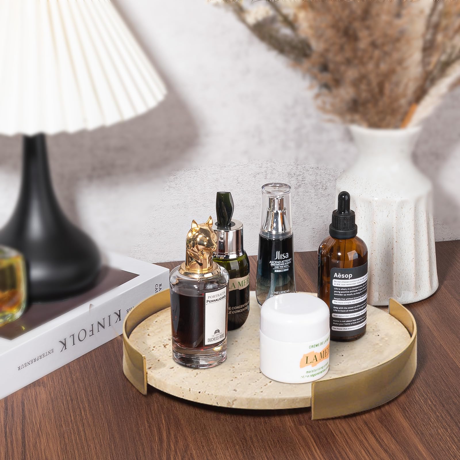 XINFUHUA Travertine Tray, Round Marble Vanity Bathroom Countertop Tray, Ceramic Decorative Trays for Coffee Table (M)