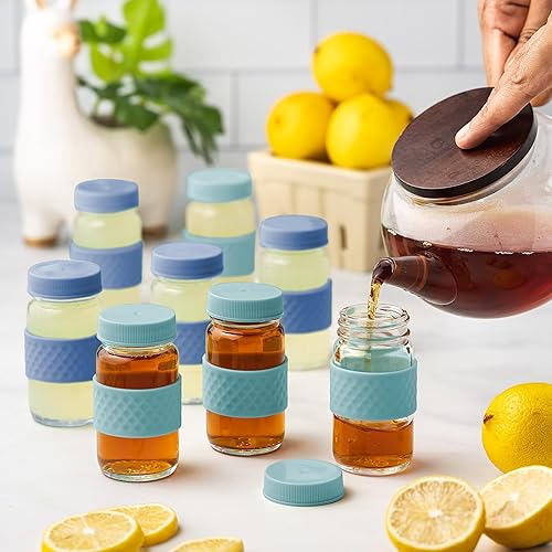 Miniatura 8 de Recipientes para chupitos de jugo, vidrio, transparentes, 2 onzas, tapas de colores y bandas de agarre de silicona, almacenamiento de bebidas,