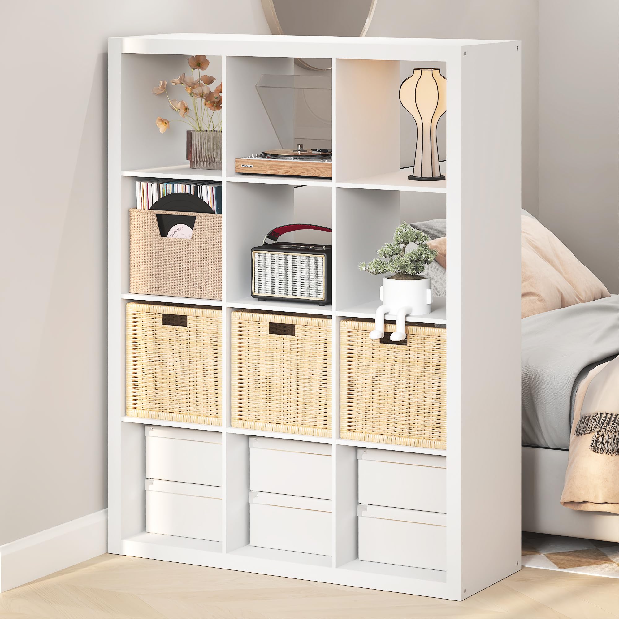 Furinno Cubicle Record Player Stand, 12-Cube Vinyl Record Storage, White