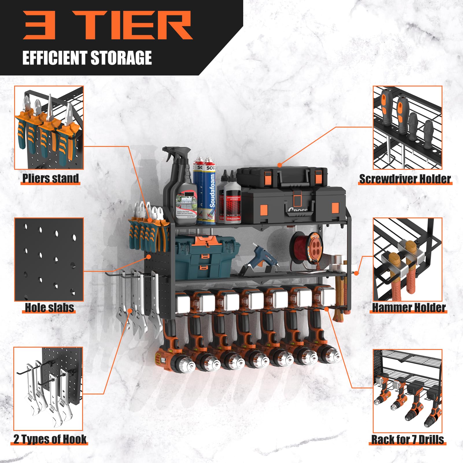 Organiseur d'outils électriques, 3 couches pour 7 porte-perceuses, support mural robuste avec support de tournevis latéral pour garage, maison, atelier