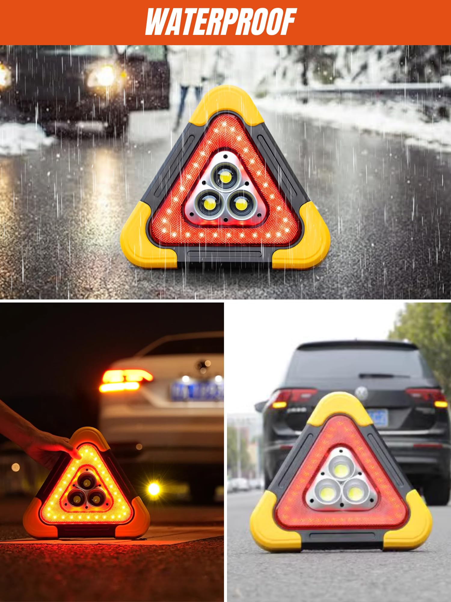 Triangle de Voiture, Triangle de Auto, Triangles de Signalisation, Lumière d'Alerte 30 W, Lumière d'Urgence Portable avec Poignée, Haute Visibilité, Étanche, 3 Modes, Gilet Réfléchissant Inclus.