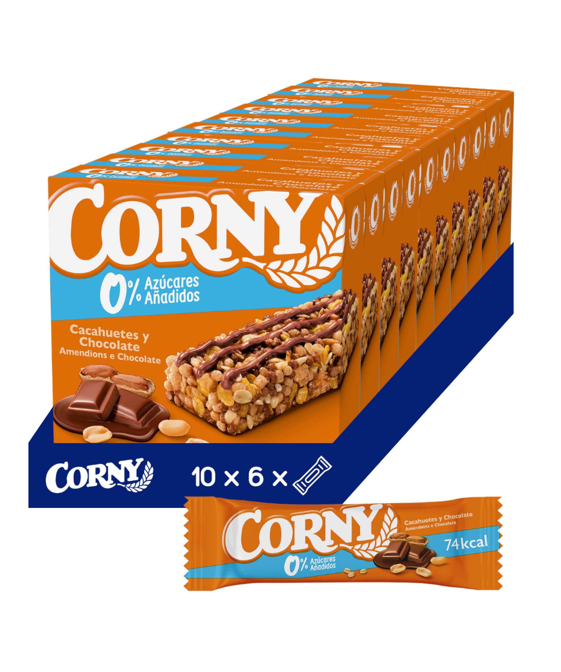Corny 0%, Barrita de Cacahuetes y Chocolate con Leche, Sin Azúcares Añadidos, Con Cereales Integrales, Sabor Crujiente y Delicioso, Pack 10 estuches con 6 barritas 10x(6x20g)