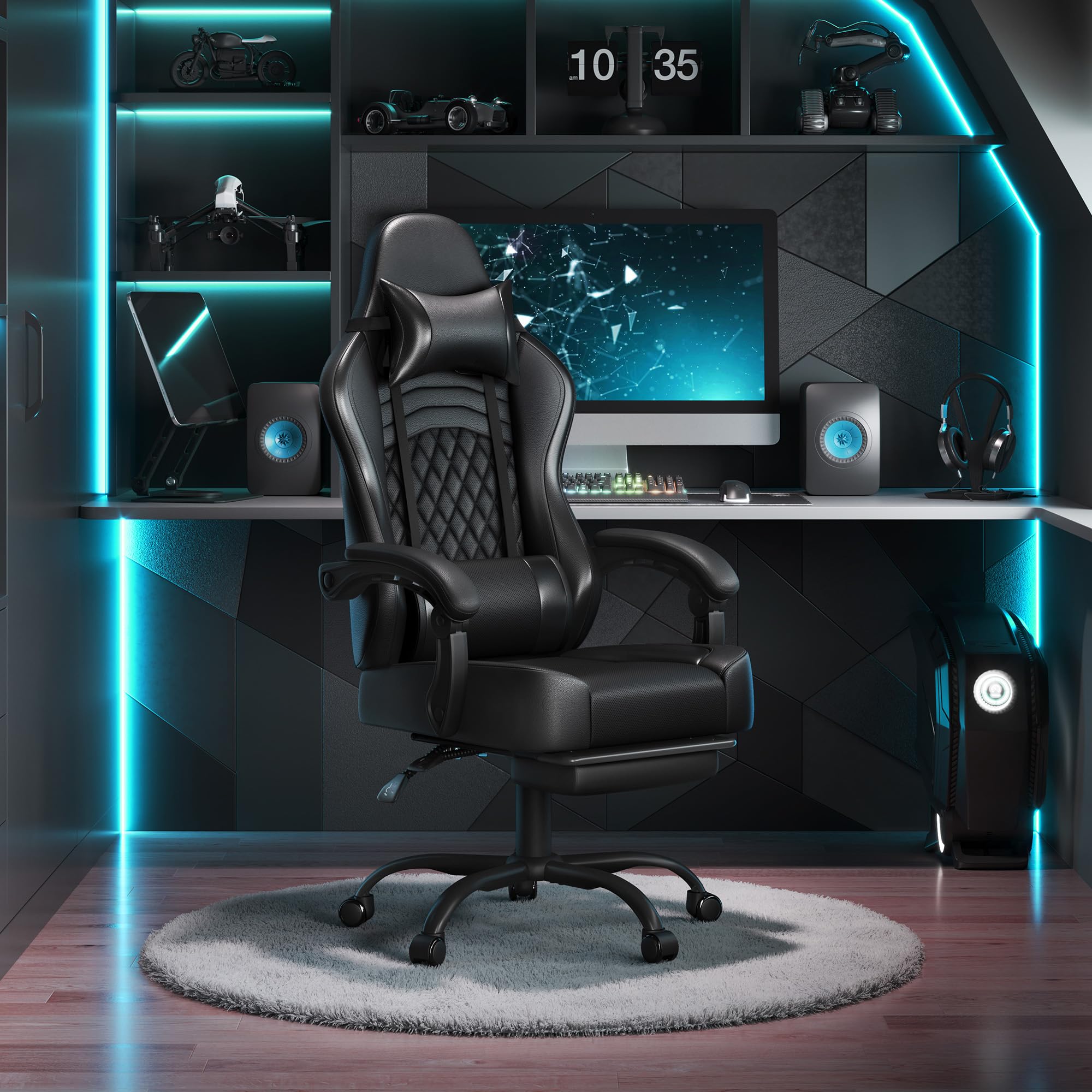 Yaheetech Gaming Stuhl, Ergonomischer Gaming-Stuhl mit Massagefunktion & Ausziehbarer Fußstütze, Verstellbare Rückenlehne, Höhenverstellbar, PC-Stuhl Computerstuhl Drehsessel (Schwarz)