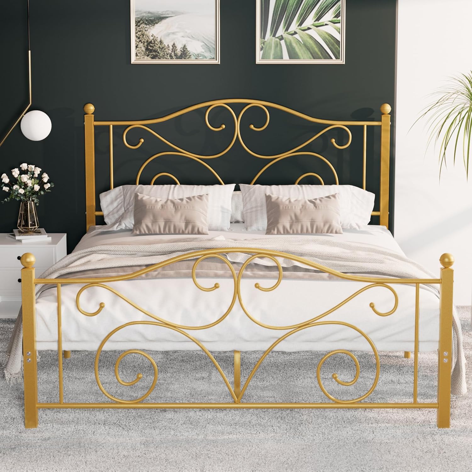 VECELO Queen Size Bed Frame with Headboard and Footboard, Heavy Duty Metal Slat Support, Platform Mattress Foundation, No Box Spring Needed, Easy Assembly, Gold Gold Queen
