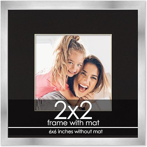 Marco de 2 x 2 con paspartú, marco plateado de 6 x 6 pulgadas, de madera, hecho para exhibir impresión o póster de 2 x 2 pulgadas con paspartú negro