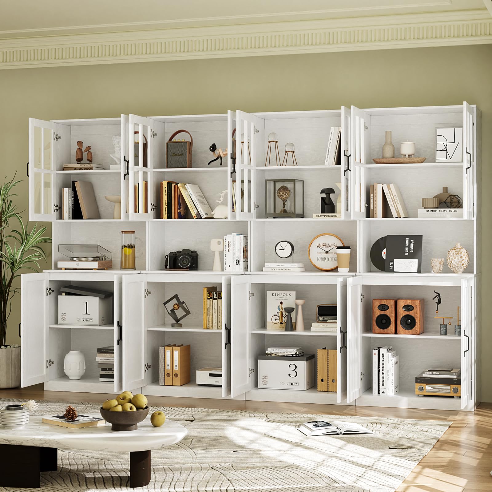 VOWNER Bücherregal mit Glastüren und offenem Fach, 180 cm Hochschrank, 5 Ebenen Bücherschrank, Standregal Vitrinenschrank, Buffetschrank mit Arbeitsplatte, 60x40x180 cm, für Wohnzimmer, Büro (3PCS)