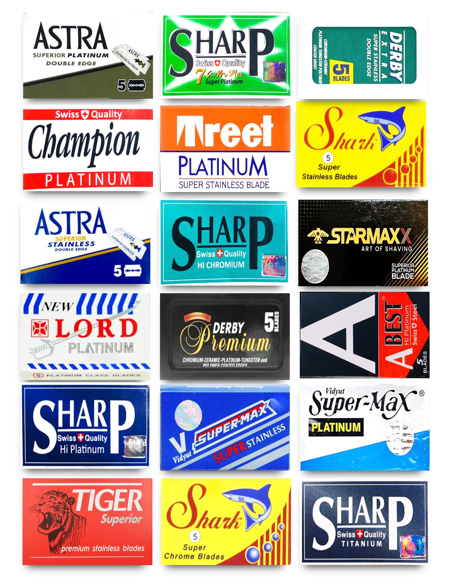 Astra-Derby-Shark-Lord-Treet-Sharp 100 Quality Double Edge Razor Blades Sampler (18 different brands)
