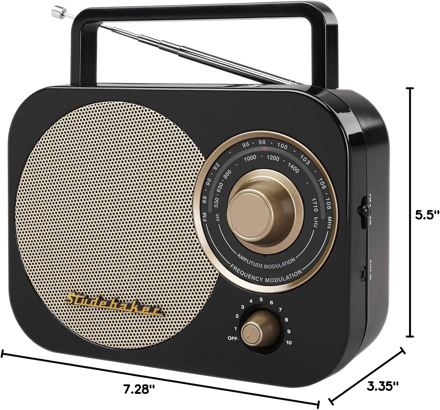 Studebaker SB2000BG Retro Classic Portable AM/FM Radio with Aux Input (Black & Gold)