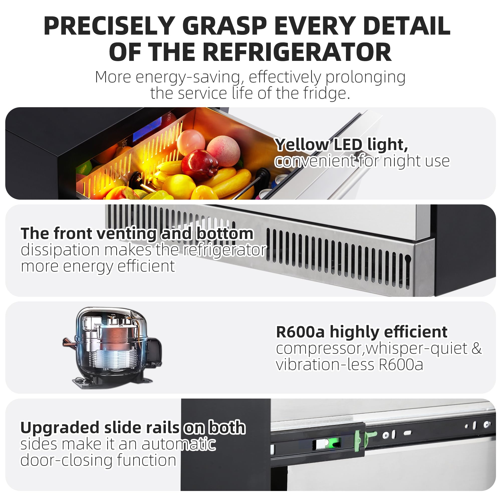Garvee 24 In Outdoor Drawer Fridge, Counter Double Drawer Beverage Refrigerator, 5.2 Cu.Ft. Weather Proof Stainless Steel Built-In Fridge For Residential Commercial Use Black on Fridge.com - View 6