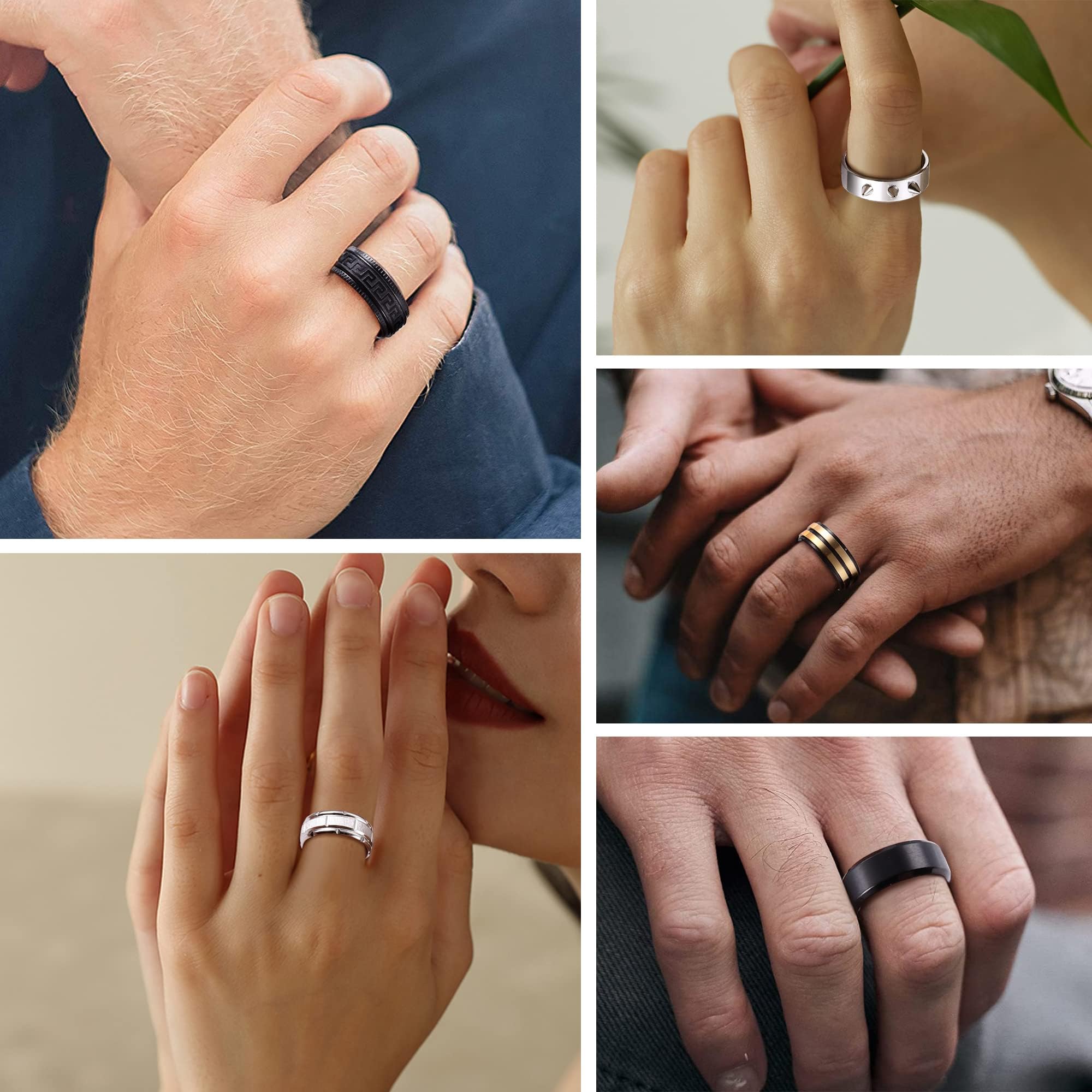FIOROYAL 16 Piezas Hombres Anillos Acero Inoxidable Plata Negro Banda Cadena Giratorio Anillo Alivio del Estrés Anti Fidget Anillos Boda Compromiso Anillo para Hombre Negro-30