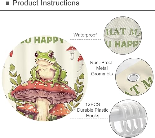 Miniatura 3 de Omifly Divertida cortina de ducha con diseño de rana y hongos, 60 pulgadas de ancho x 72 pulgadas de alto, estilo retro, acuarela, rústica, hojas