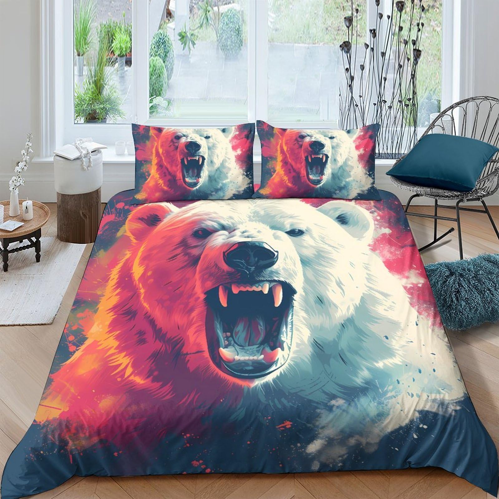 GPLZQXKJNH 3D Printed Fierce Bear Duvet Cover Microfiber Soft Breathable Wild Animal Bedding Set with 2 Pillowcases for Bedroom Decor Single（135x200cm）