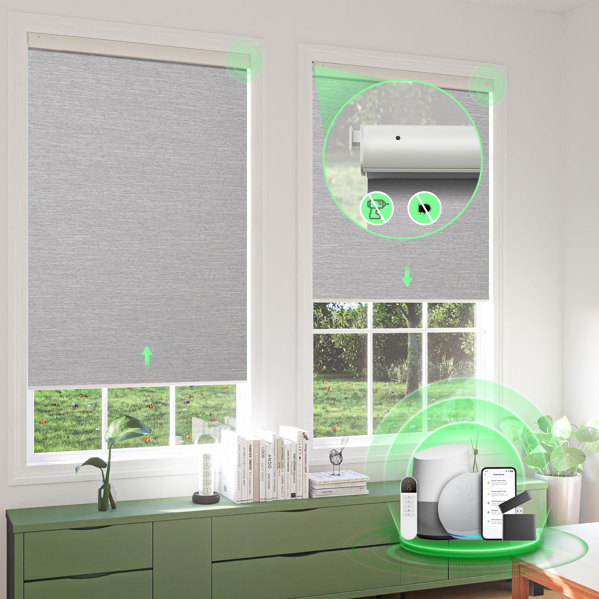 MUSCLEAREA Motorized Blinds,No Drill Automatic Blinds,Cordless Roller Shade,Electric Blinds for Indoor Windows, Grasscloth Fabric?Compatible with Alexa/Google,Grey,22