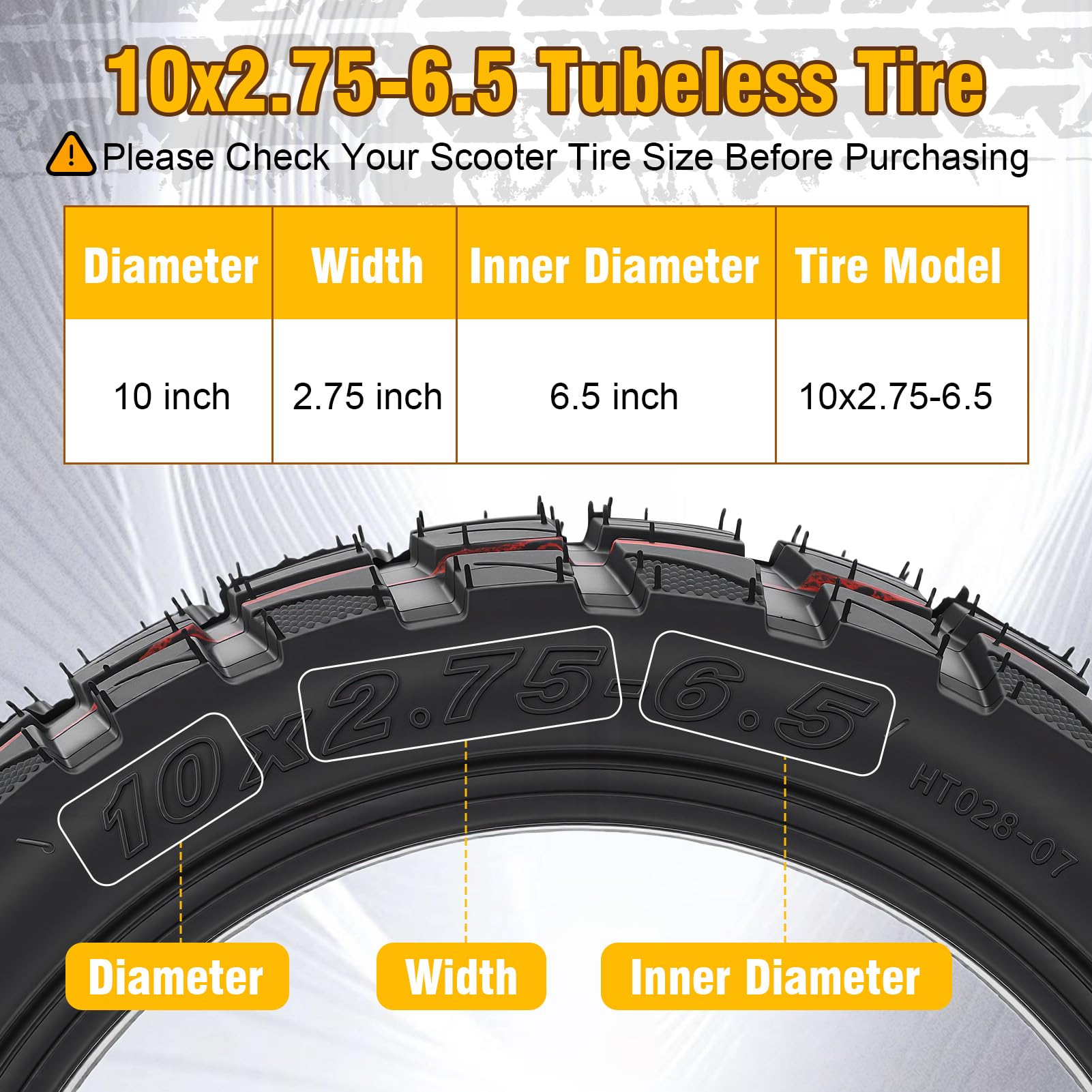 Pneumatico da vuoto 10x2.75-6.5 con valvola, 10 pollici pneumatico fuoristrada tubeless in gomma antiscivolo per scooter elettrico, adatto per strade innevate, sabbiose e ghiaiose