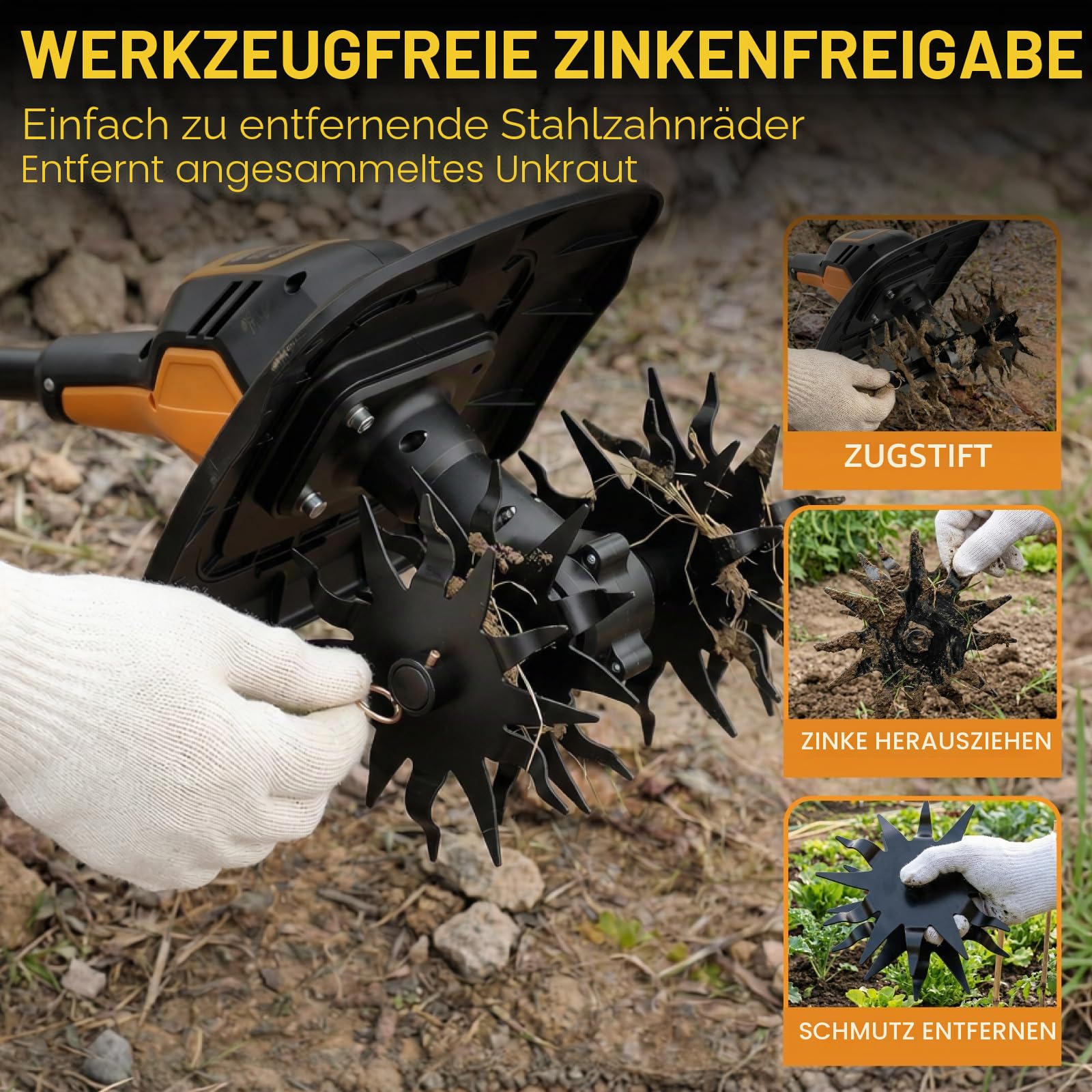 Akku Gartenfräse mit 4,0Ah Akku & Ladegerät – Motorhacke 360 U/min, 23cm Arbeitsbreite, 18cm Arbeitstiefe – kabellose Bodenhacke & Bodenfräse für Rasen, Beet & Garten
