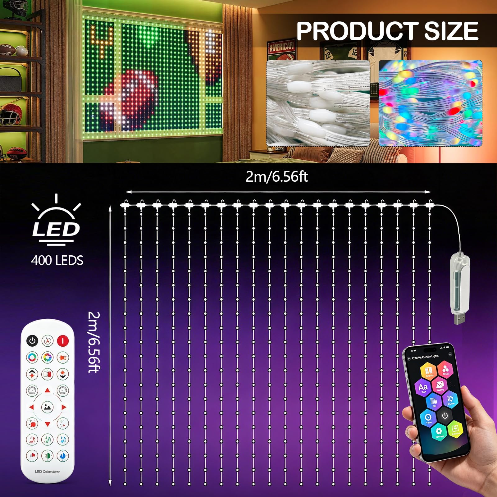 Guirlande Lumineuse Chambre, 2x2M Rideau Lumineux 400 LED, Contrôle à APP et Télécommande, Sync Musique Guirlandes USB pour Décoration Intérieur Fenêtre Mariage Noël Halloween