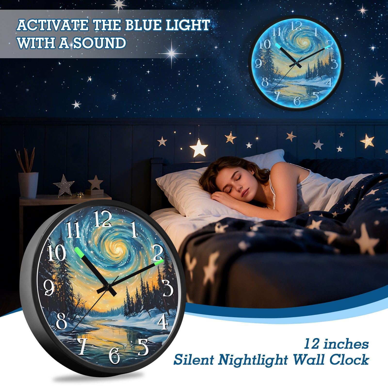 Mnsruu Aurora Sky Forest Galaxy - Reloj de pared luminoso para dormitorio, funciona con pilas, silencioso, brilla en la oscuridad, para sala de estar, cocina, 12 pulgadas