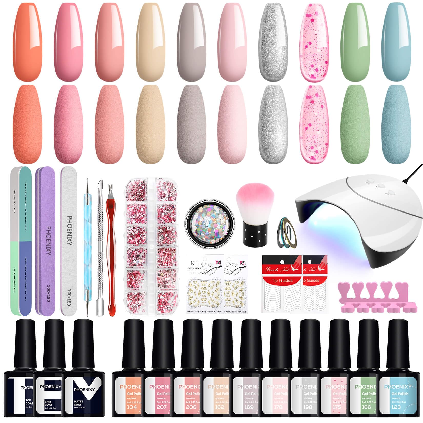Phoenixy Kit Uñas Semipermanentes Completo 10 Colores Kit Uñas de Gel con 36W U V/LED Lámpara Decoración de Uñas Arte o Salones Kit de Manicura para Principiantes