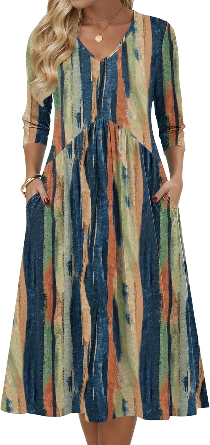 Zeagoo 3/4 Sleeve Women's Dress Casual Midi Tshirt Dresses with Pockets Empire Waist Summer Semi-Formal Boho Beach Sundress
