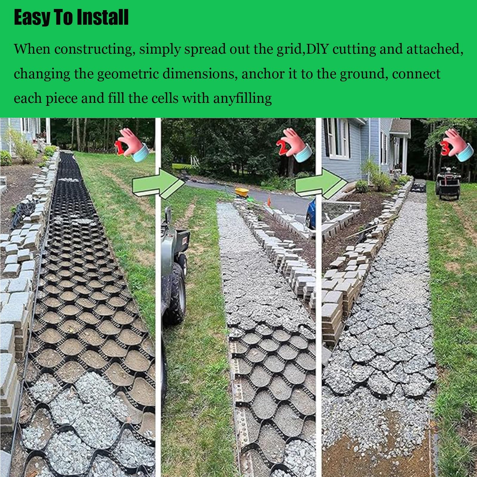 Griglia di stabilizzazione per vialetto e capannone, spessa 2,4 x 6,7 m, griglie nere resistenti per veicoli leggeri, soluzioni di parcheggio su erba e ghiaia, altezza 10 cm