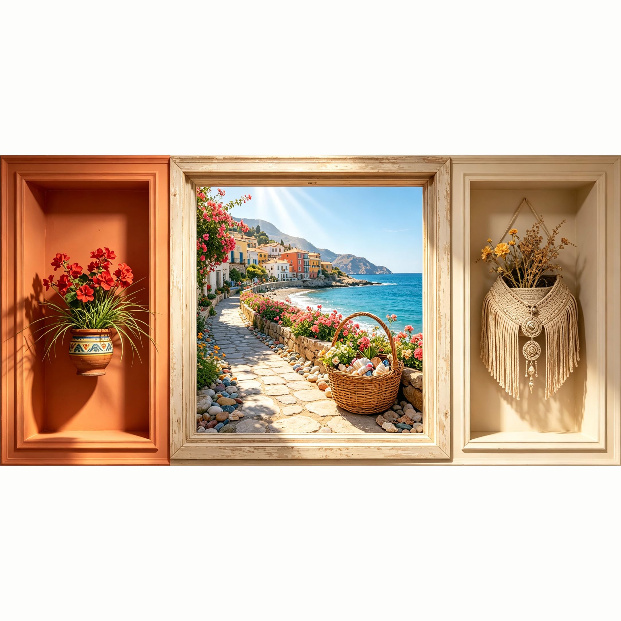 QZLITHOTIC 50x100cm 3D Framed Wall Art， Mediterranean Coastal Ocean Landscape SelfAdhesive Mural， WaterActivated Peel & Stick Fabric Decor Wall Decal for Bedroom Living Room