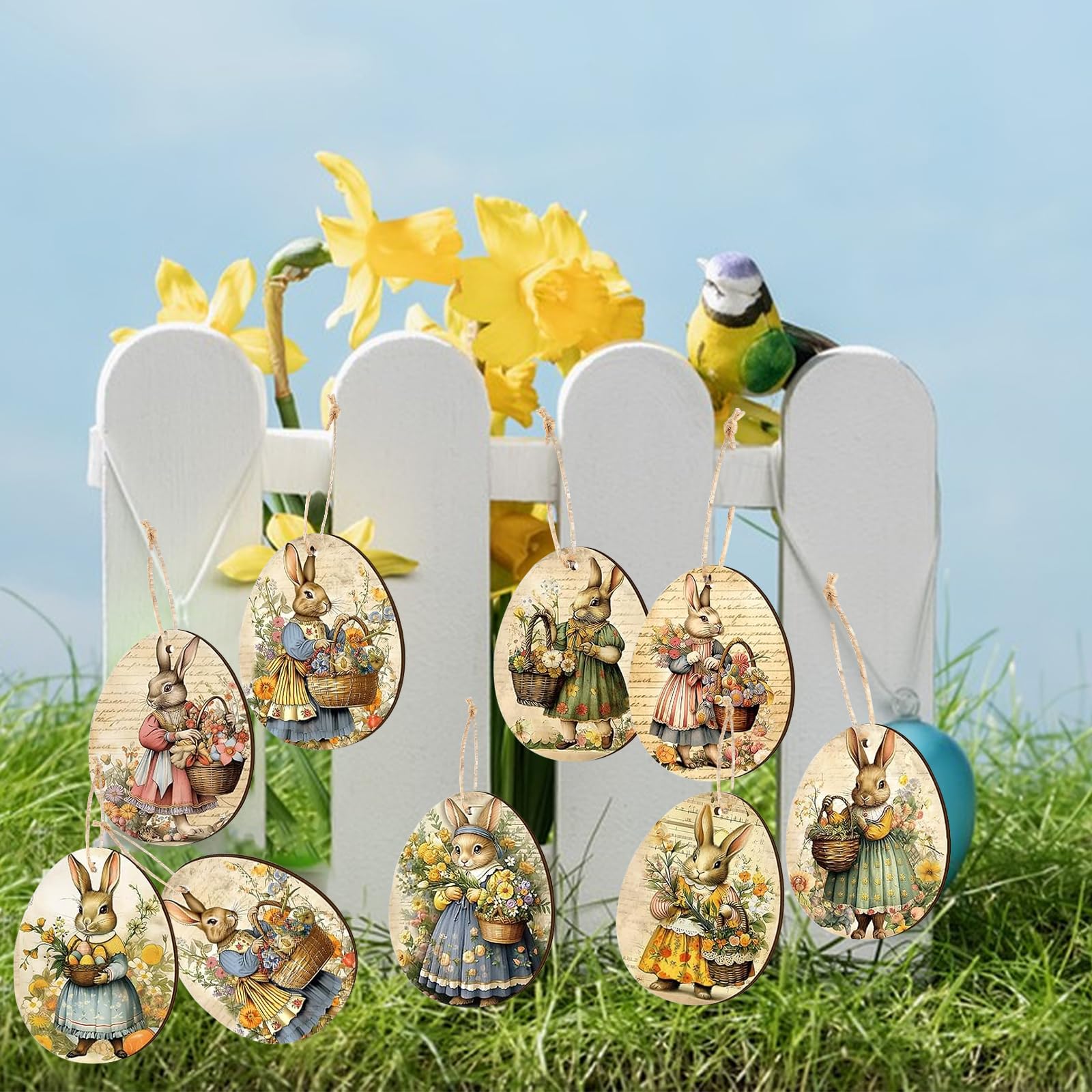 12 Ciondoli Pasquali In Legno - Coniglietti Decorativi Per Albero Di Pasqua