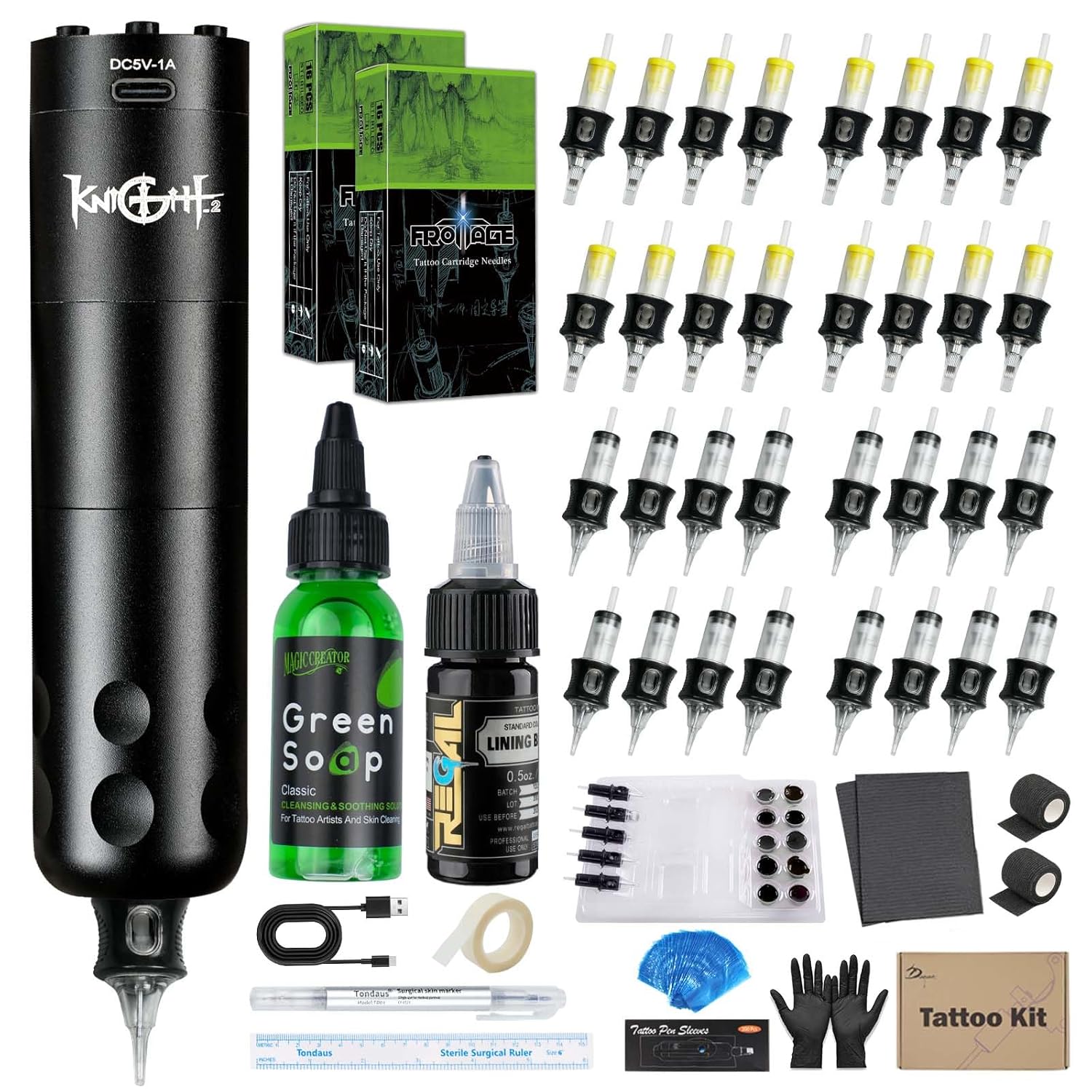 Knight2Pro Tattoo Gun Kit, Professional Tattoo Gun, 8H-Work No Overheating Tattoo Pen, USA Black Ink for Lining Shading, 32* Top-Notch 316 Cartridge Needles, Direct Skin Tattooing Professionals