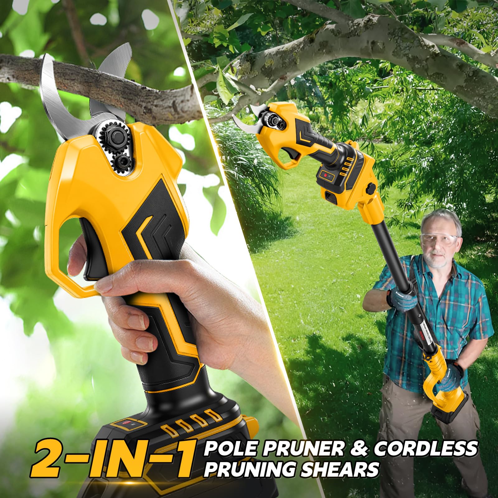 Tijeras de Podar Eléctricas 2 en 1 con Pértiga compatible con Dewalt 20V baterías, Tijeras de podar Corte de 14/30mm, Palo Telescópico 2M, Jardinería y Poda para Árboles (sin batería)