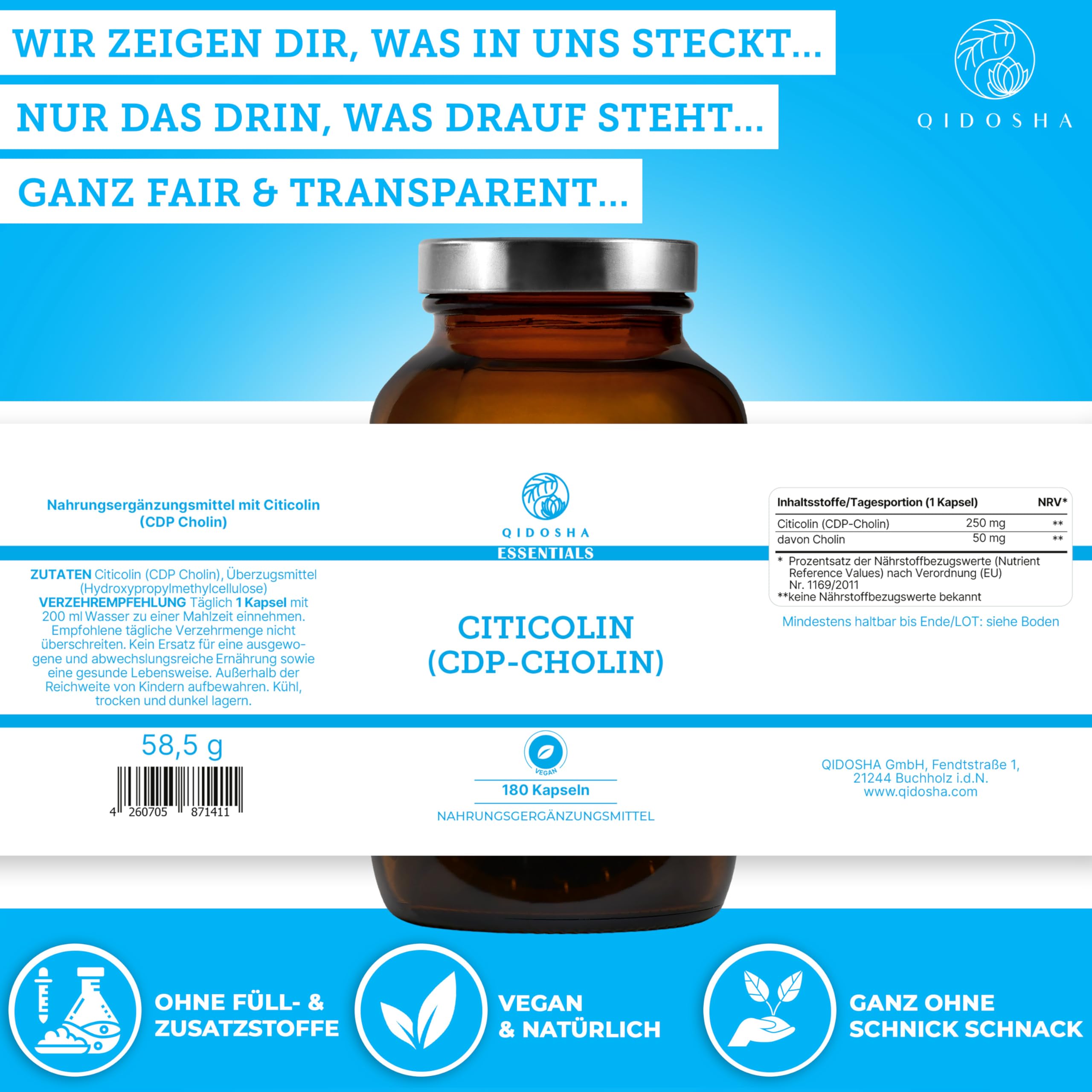 QIDOSHA® CDP Cholin (Citicolin) Kapseln, 180 Kapseln im Apothekerglas, volle 250mg Citicolin/CDP Cholin je Kapsel, vegan, laborgeprueft, deutsche Fertigung, Citicoline CDP Choline 250mg