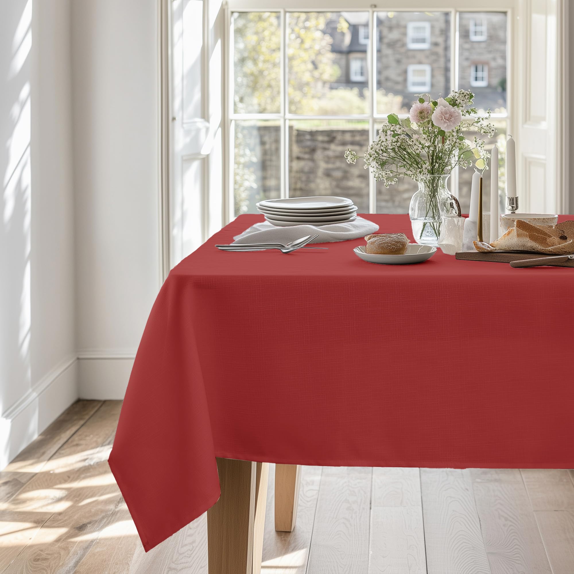 Deconovo Red Waterproof Tablecloth Linen Effect Rectangular 140 X 300 Cm Christmas