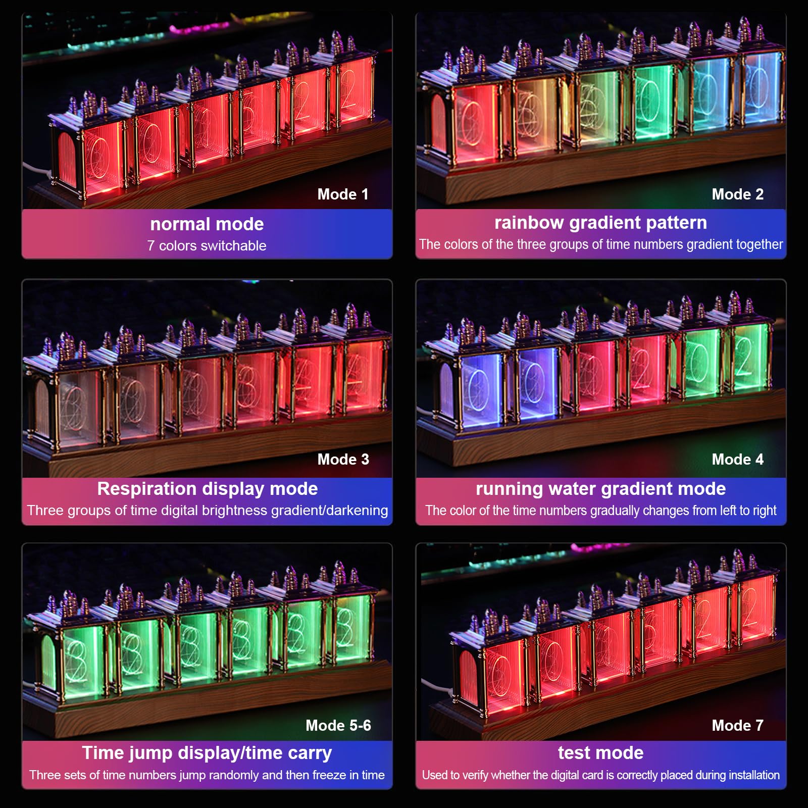 LIROPAU Orologio a tubo Nixie, LED RGB Orologio a tubo con Funzione di Memoria di Spegnimento, Più modalità Disponibili, Interruttore 12/24 ore per Regali per la decorazione della casa dell'ufficio