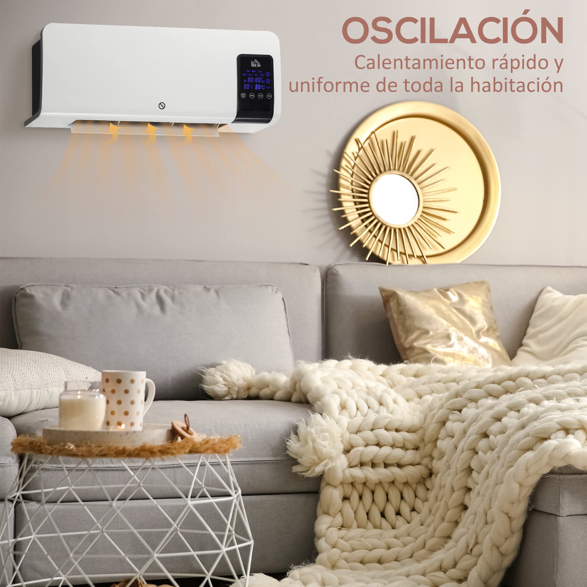 HOMCOM Calefactor Eléctrico Bajo Consumo, 1000/2000W, Calefactor de Baño de Pared con Oscilación, PTC, Pantalla LED, Protección contra Sobrecalentamiento, Temporizador, Mando, para 15-20m² Blanco