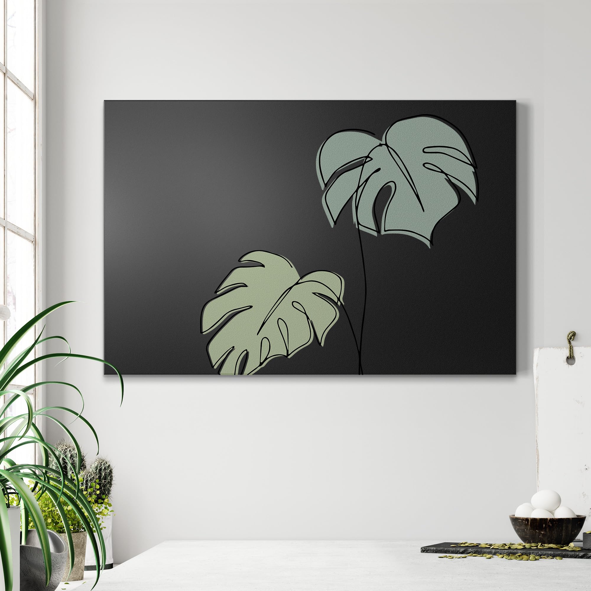 DEQORI Magnetische Kreidetafel mit UV-Druck | Motiv Monstera in Bewegung | Design rechteckig 90x60 cm | Kreide Metalltafel beschreibbar – Wanddeko für Küche, Flur, Kinderzimmer & Büro