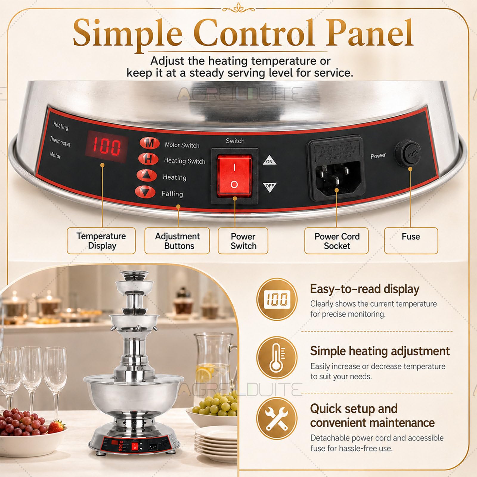 Fontana per bevande a 3 livelli per matrimonio, fontana a cascata 3,5L grande capacità con controllo digitale della temperatura, fontana per vino in acciaio inox per ricevimenti e banchetti