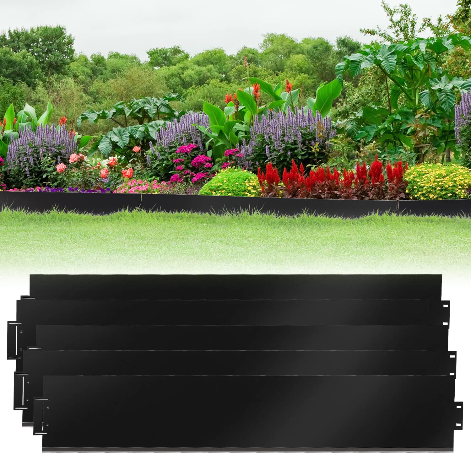 Bordure de pelouse en métal 25m - 25 pièces Bordure de Tonte, Galvanisé Flexible Bordure de Parterre Longueur par Bande Longueur 5m - Hauteur 18cm, Noir