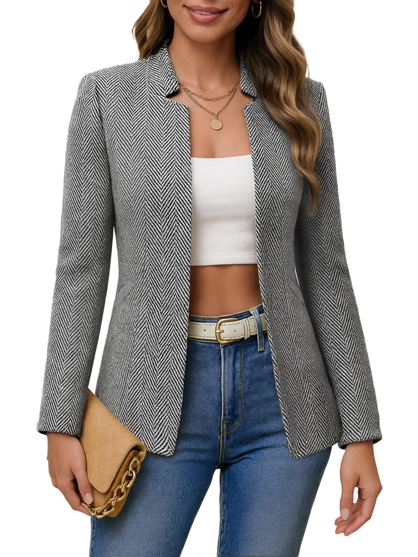 Mina Self 2025 Fall Womens Herringbone Tweed Blazer Jacket - Plaid Open Front Slim Stand Collar Full-Lined Work