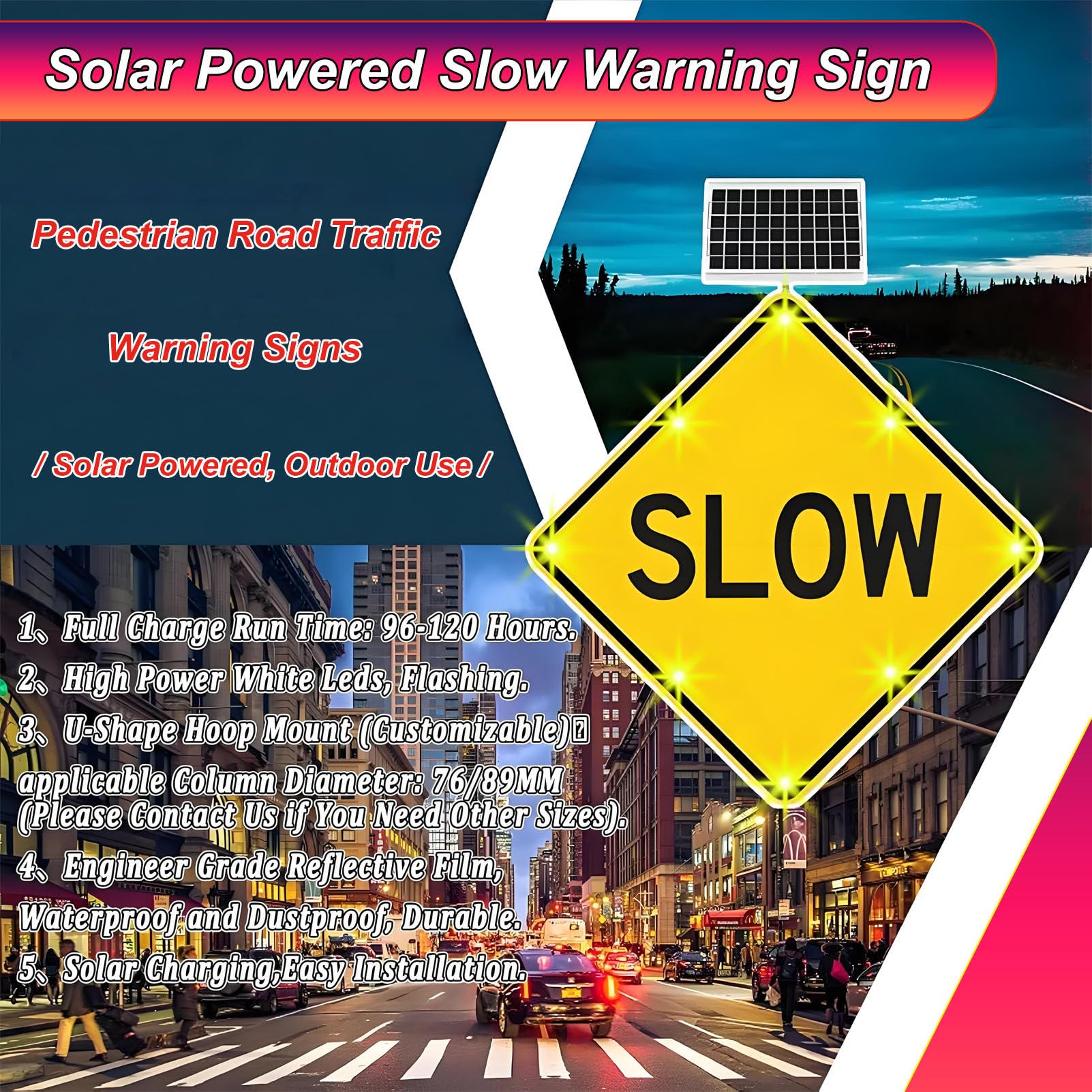 Señal de Advertencia de Velocidad Lenta de 24" con energía Solar, para Seguridad Vial en Exteriores, Ideal para entradas de vehículos, Calles residenciales y vecindarios.
