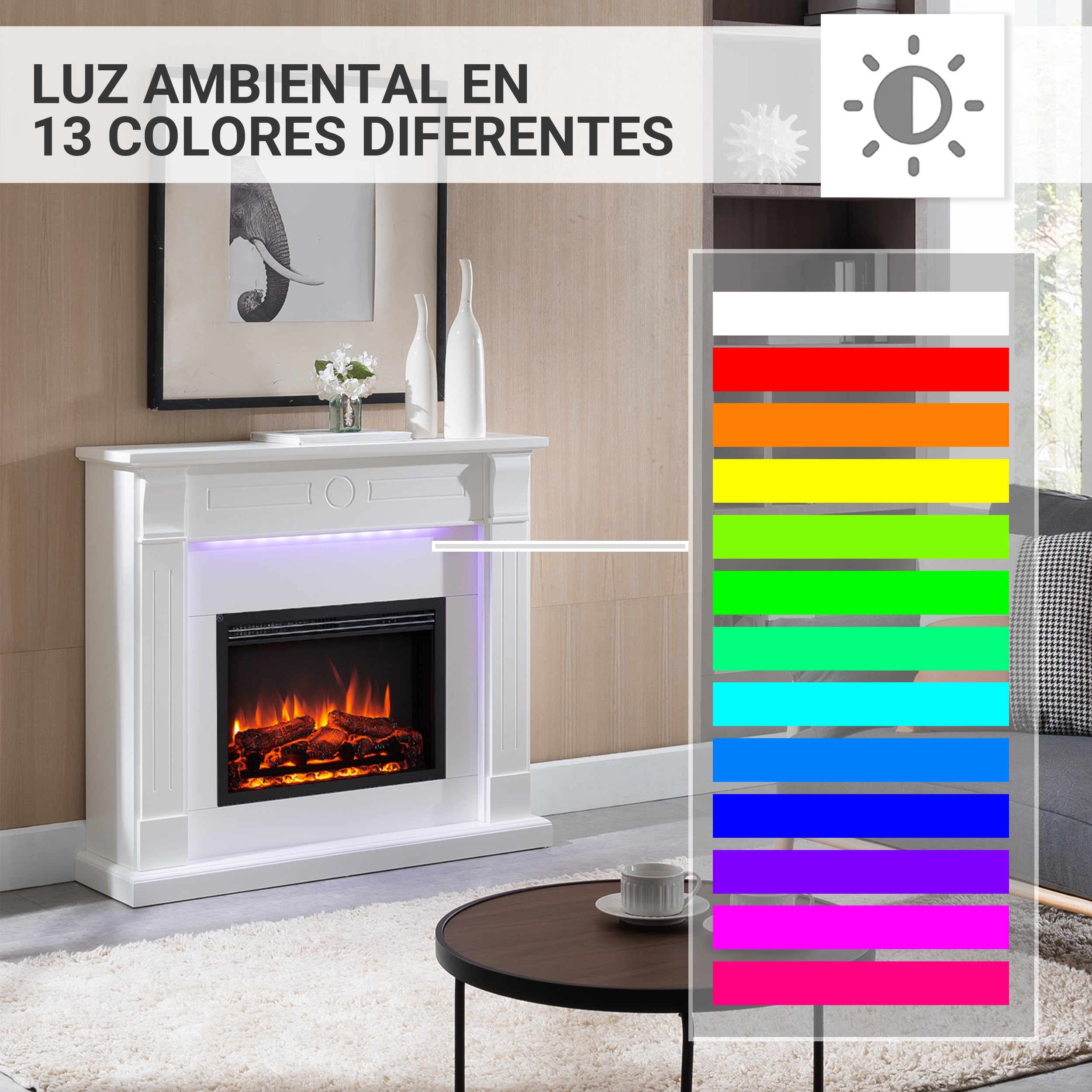 BALDERIA Hikaru - Chimenea eléctrica, Blanco, calefacción 2000 W - Blanco | Efecto de Llama 3D, iluminación LED, crepitación, Control de Aplicaciones, WiFi, Control Remoto, Temporizador, termostato