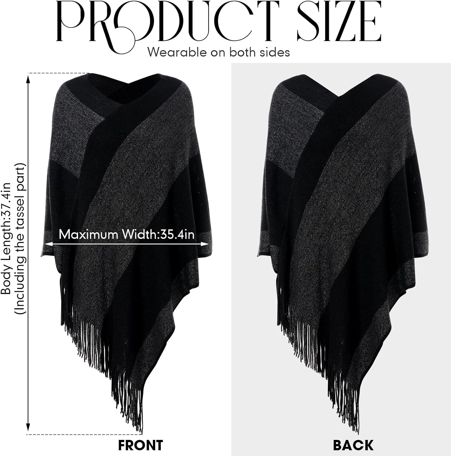 Women's Striped Poncho Tops with Fringe, Soft Knitted Shawl Wraps Elegant Sweater Open Front for Fall Winter - Image 2