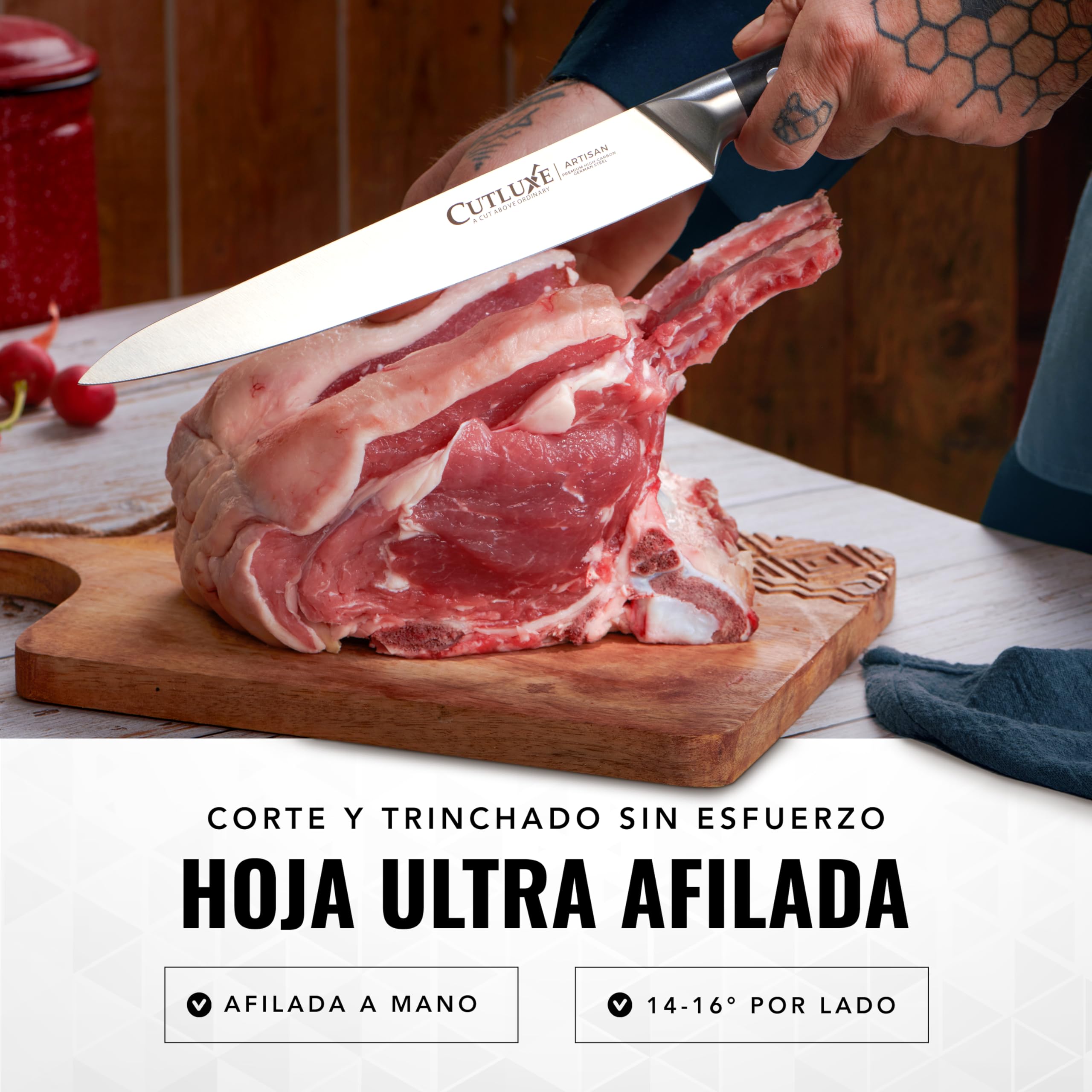 Cutluxe Juego 5 Cuchillos de Cocina – Acero Alemán, Filo de Navaja | Incluye chef, santoku, utilitario, trinchar y pelar; espiga completa y mango ergonómico
