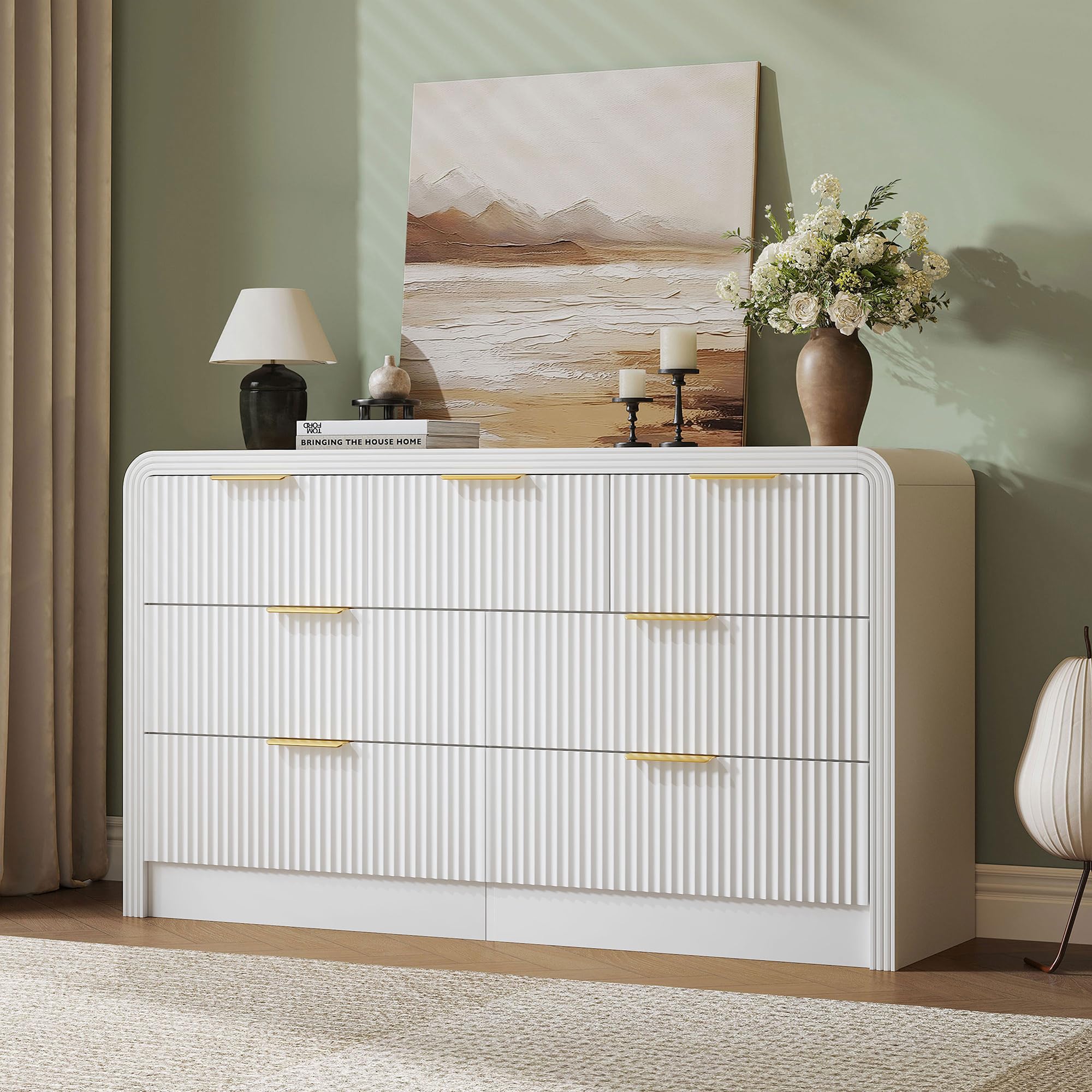 bedroom long dresser Decofy Fluted Drawers for Bedroom, Wood Dressers with Gold Handles, Modern Dressers with Wave Texture, Large Storage Chest of Drawers, Dresser Organizer 55'' & 7 Drawers ((Pure White) glide smoothly on premium Core Colors:Amber Checks Tagged_by_Workflow_#F8156 Women's Plus Size Marci