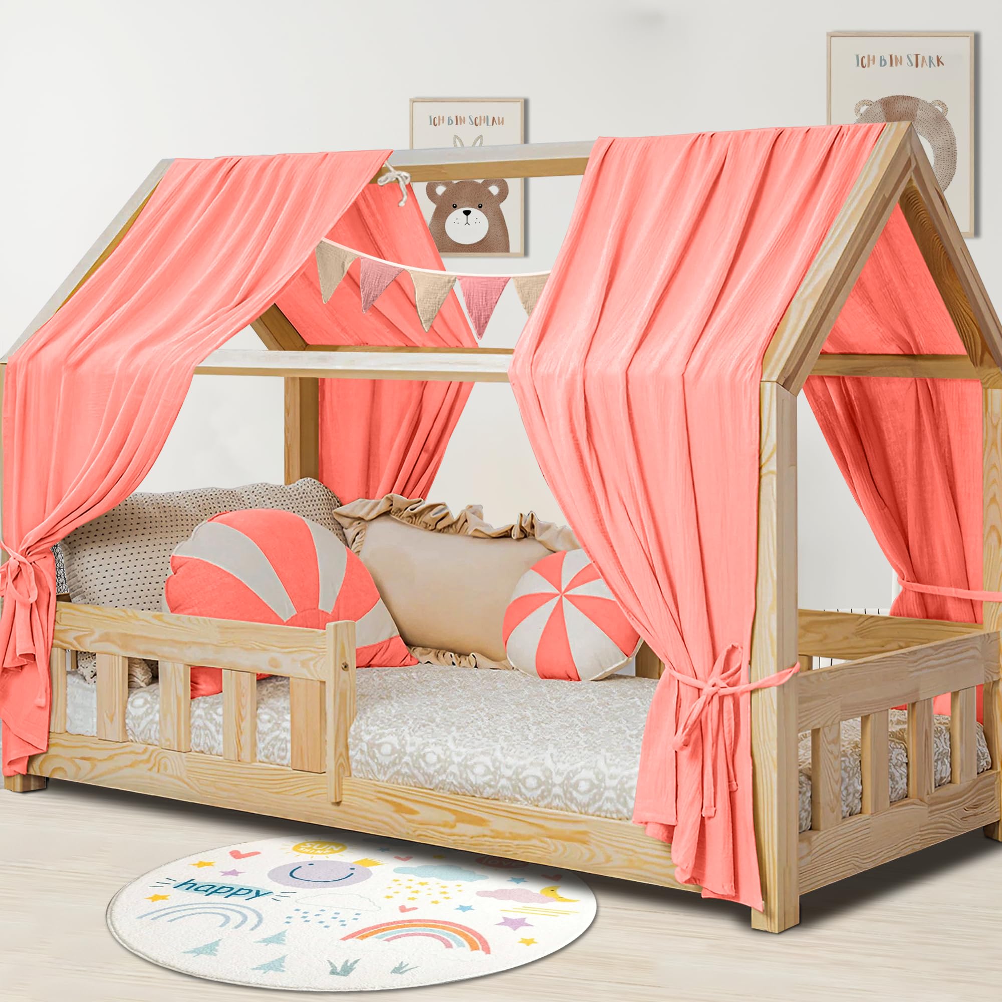 Hausbett Himmel Deko Set, Betthimmel Hausbett aus Musselin - 2 Betthimmel & 1 Wimpelkette, für Jungen Mädchen Deko für Kinderzimmer, Baldachin Kinderzimmer Deko I 135 x 320cm Rosa